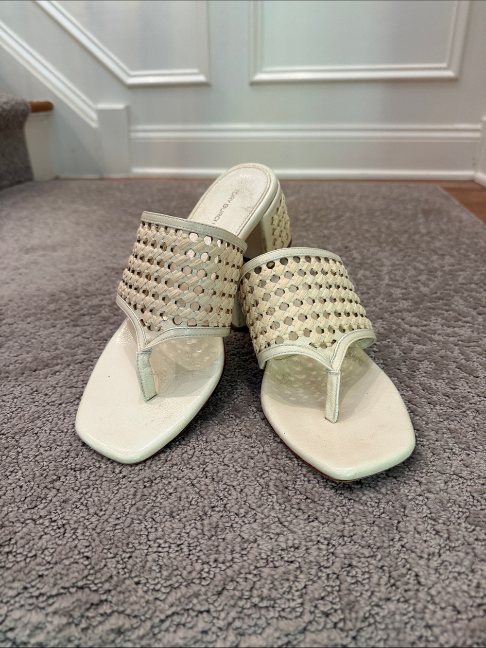 Tory Burch Cream Woven Thong Block Heel Sandals